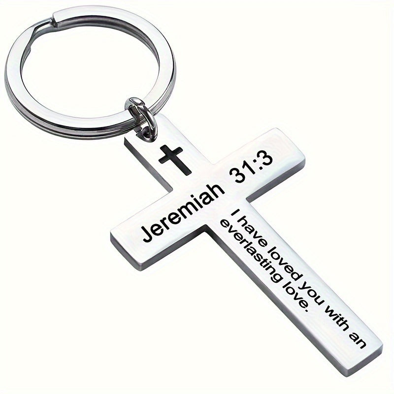 Personality Trend Stainless Steel Faith Cross Scripture Lettering Metal Keychains