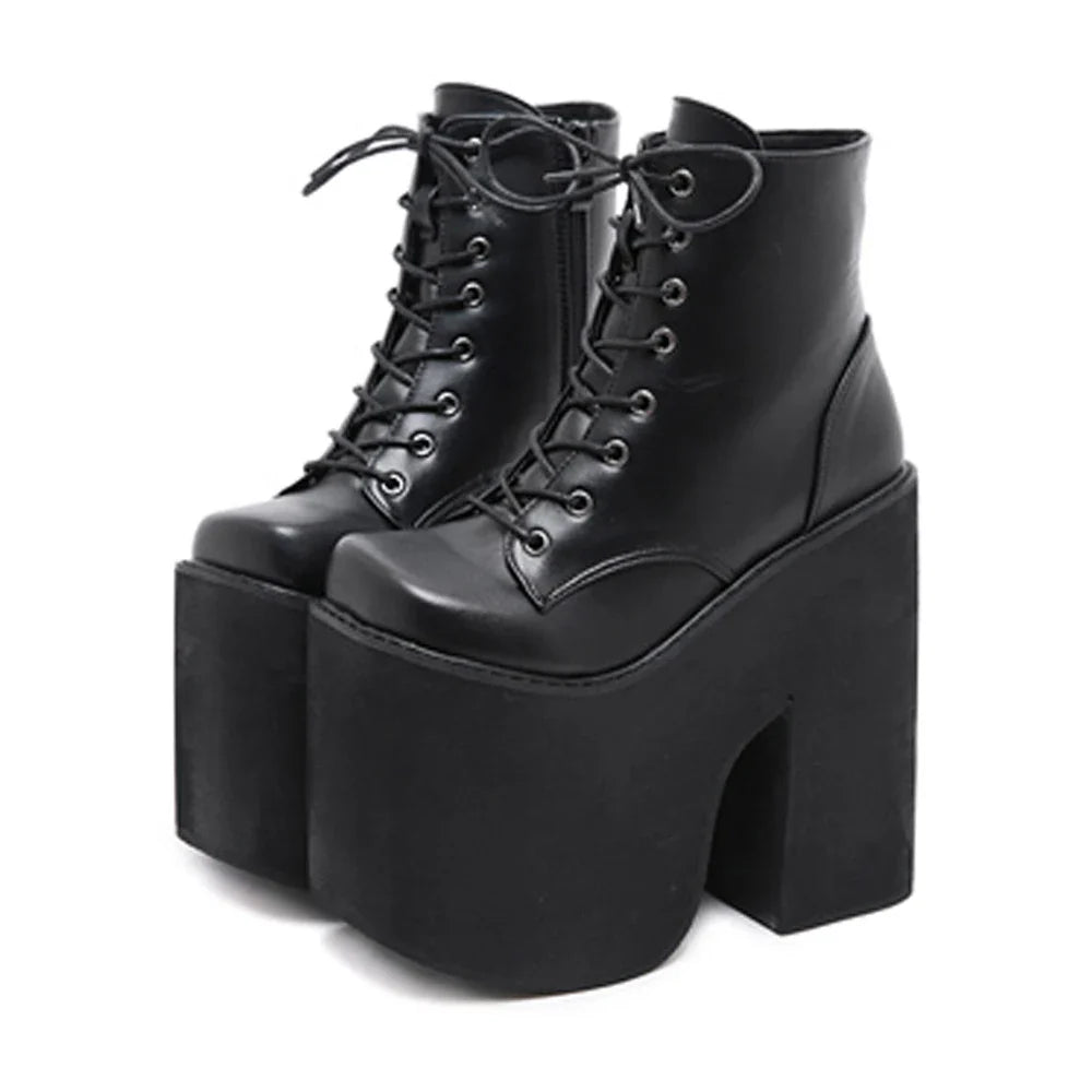 Gdgydh Women's Y2K Style Short Boots Square Closed Toe Lace Up Platform Boots High Chunky Heels Fashion Solid Color Shoes