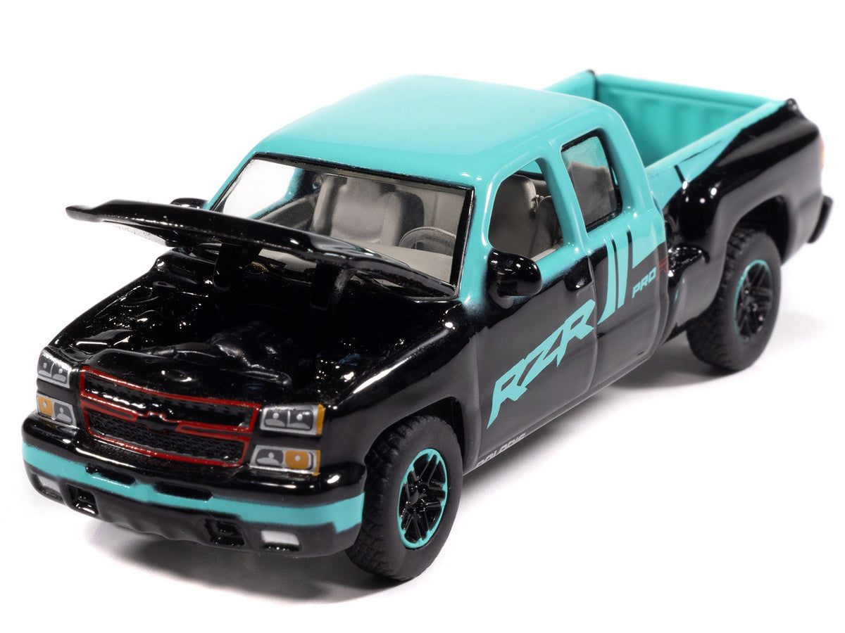 2006 Chevrolet Silverado Pickup Truck "Polaris RZR" Black and Blue "Big Country Collectibles" 2025 Series 1/64 Diecast Model Car by Auto World