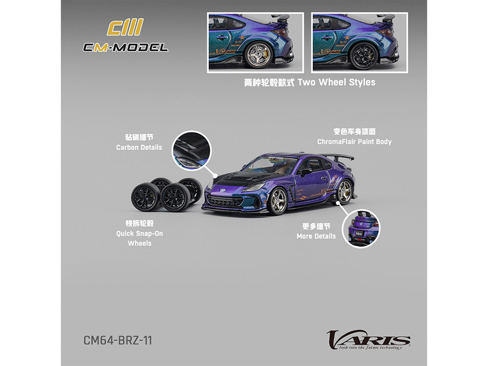 Subaru BRZ Varis Arising-1 RHD (Right Hand Drive) Magic Purple Metallic with Carbon Hood and Extra Wheels 1/64 Diecast Model Car by CM Models