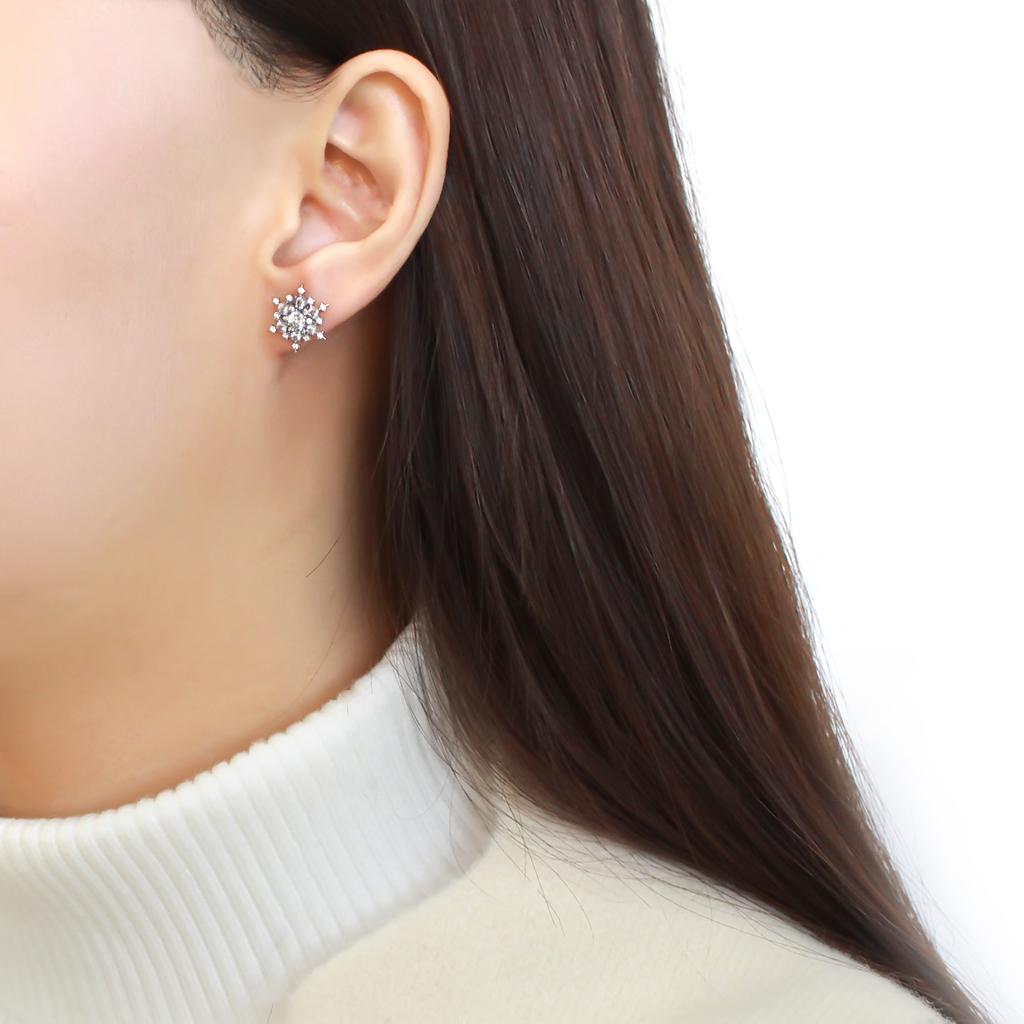 DA294 - High polished (no plating) Stainless Steel Earrings with AAA Grade CZ in Clear