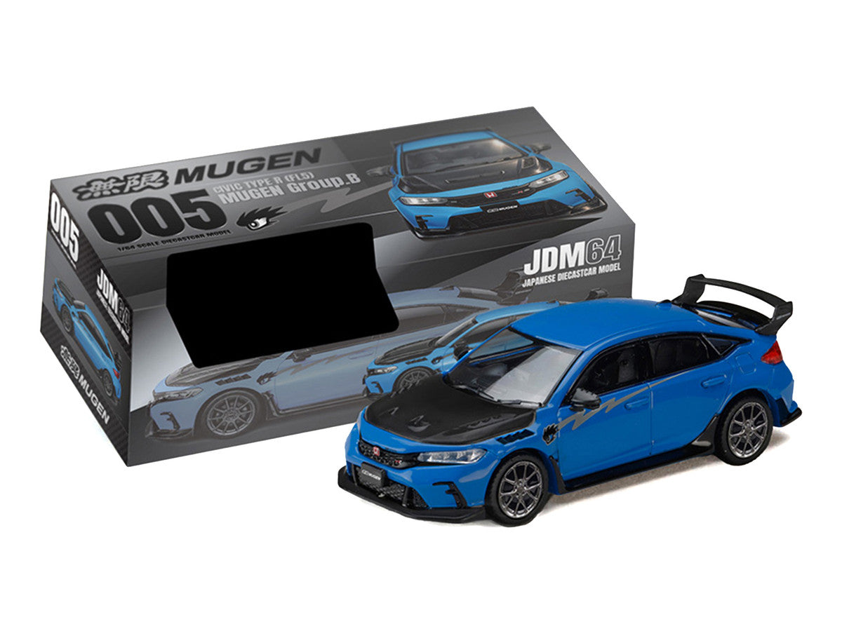 Honda Civic Type R (FL5) RHD (Right Hand Drive) Racing Blue Pearl with Carbon Hood "MUGEN Group B" (2025) "JDM64" Series 1/64 Diecast Model Car by Hobby Japan