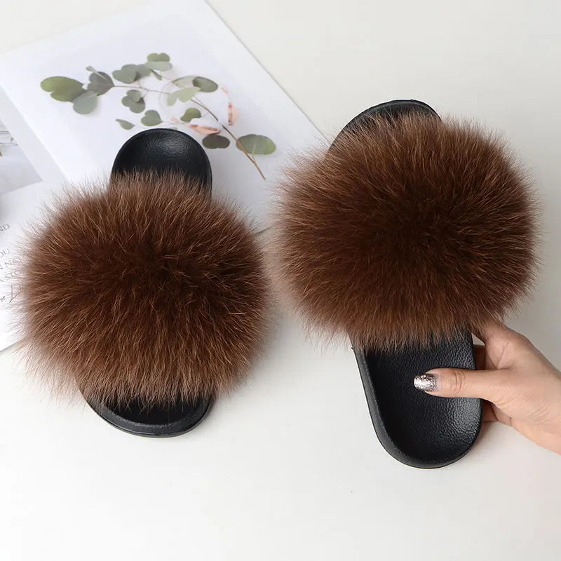 Women Summer Casual Fluffy Slippers With Fur Flat Non-Slip Real Fox Fur Furry Slides Large Size Shoes Fur Sandals