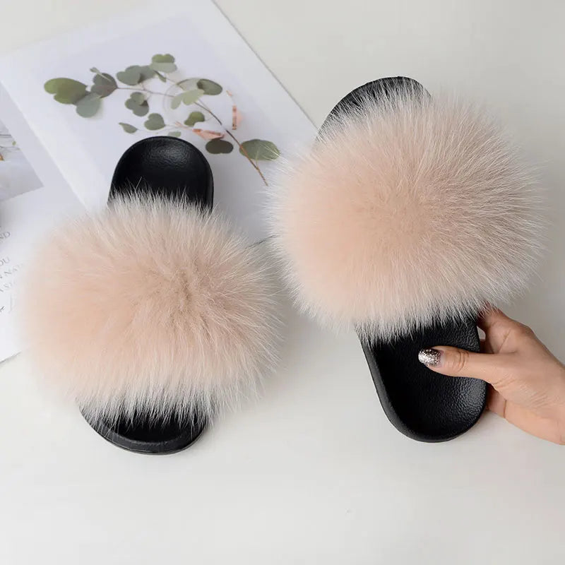 Women Summer Casual Fluffy Slippers With Fur Flat Non-Slip Real Fox Fur Furry Slides Large Size Shoes Fur Sandals