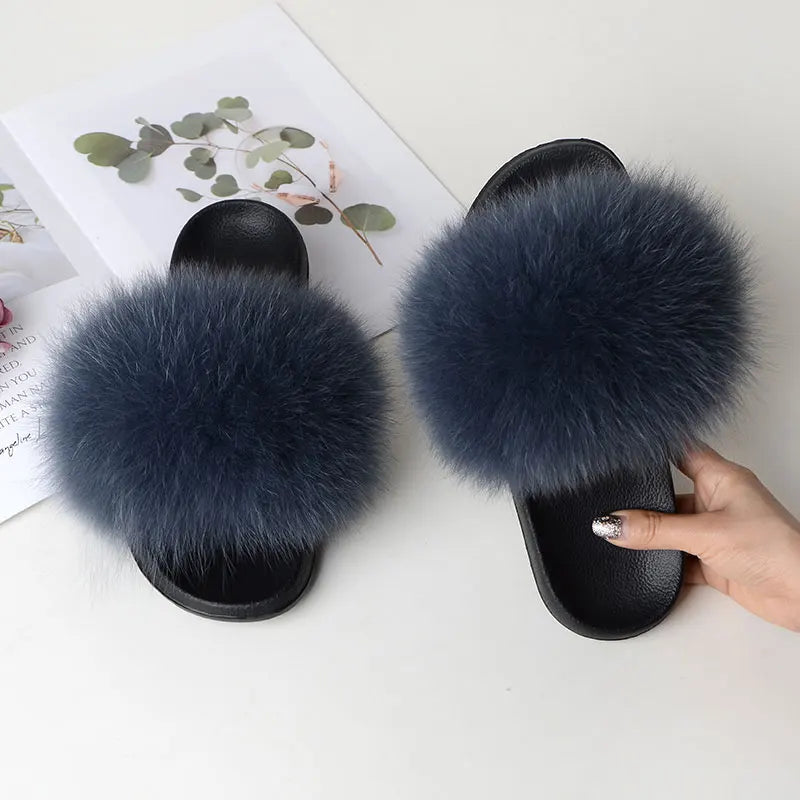 Women Summer Casual Fluffy Slippers With Fur Flat Non-Slip Real Fox Fur Furry Slides Large Size Shoes Fur Sandals
