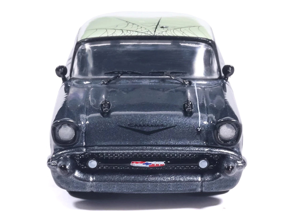 1957 Chevrolet Bel Air Lowrider Gray Metallic with Light Green Top and Halloween Graphics 1/64 Diecast Model Car by IXO Models