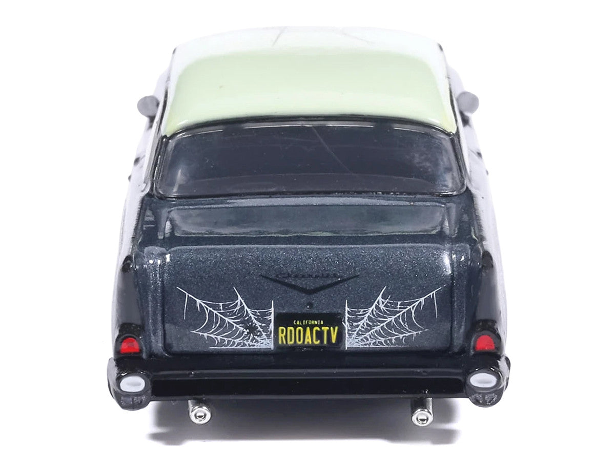 1957 Chevrolet Bel Air Lowrider Gray Metallic with Light Green Top and Halloween Graphics 1/64 Diecast Model Car by IXO Models