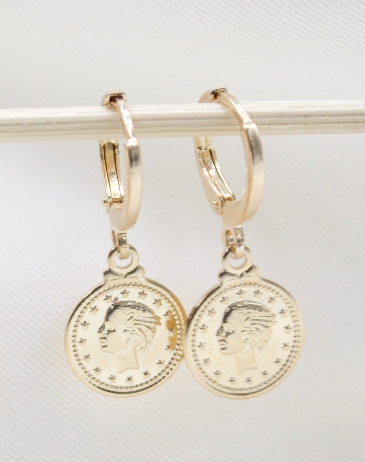 18K Gold Filled Coin Charm Dainty Dangle Hoop Dangle Earring (L336)