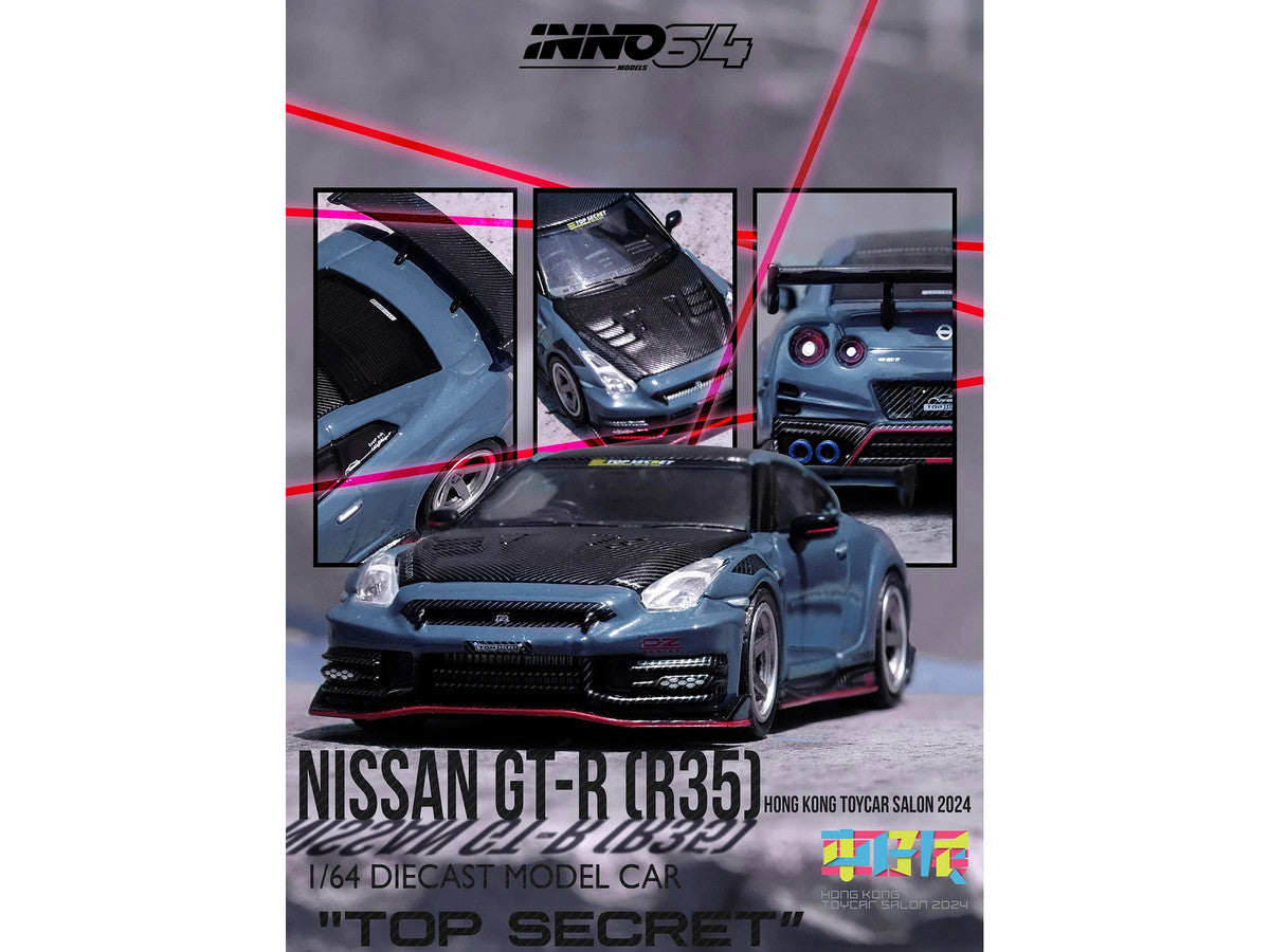 2024 Nissan GT-R (R35) Nismo "Top Secret" RHD (Right Hand Drive) Gray with Carbon Hood and Top "Hong Kong Toy Car Salon 2024 Special Edition" 1/64 Diecast Model Car by Inno Models