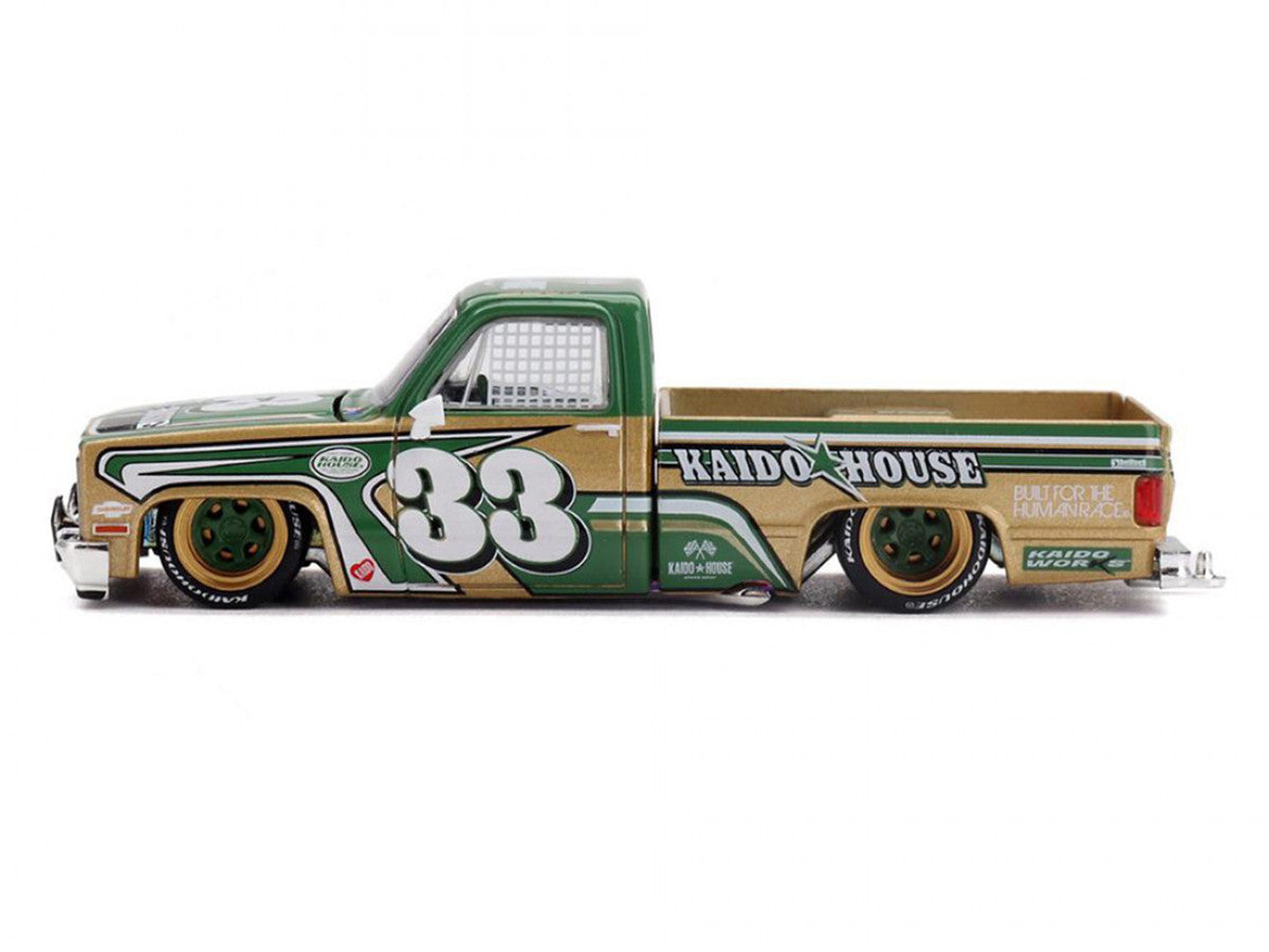 Chevrolet Silverado Pickup Truck #33 "Kaido Intimidator V2" Green and Gold with Graphics (Designed by Jun Imai) "Kaido House" Special 1/64 Diecast Model Car by Mini GT