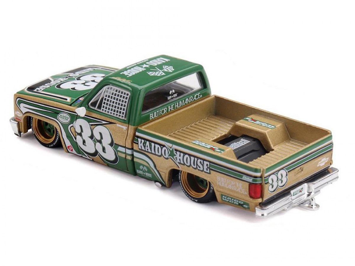 Chevrolet Silverado Pickup Truck #33 "Kaido Intimidator V2" Green and Gold with Graphics (Designed by Jun Imai) "Kaido House" Special 1/64 Diecast Model Car by Mini GT
