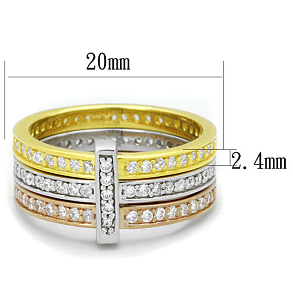 LOS811 - Rhodium + Gold + Rose Gold 925 Sterling Silver Ring with AAA Grade CZ in Clear