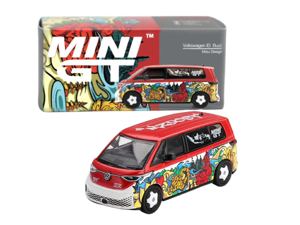Volkswagen ID. Buzz Van "Mizu Design" Red and White with Graphics Limited Edition 1/64 Diecast Model Car by Mini GT