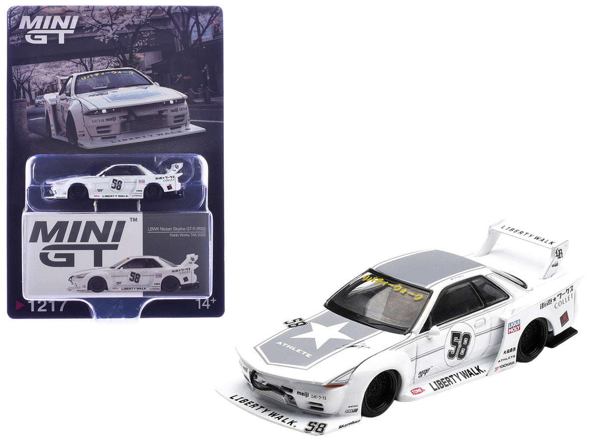 Nissan Skyline GT-R (R32) RHD (Right Hand Drive) #58 "Kaido Works" White with Gray Graphics "Tokyo Auto Salon 2025" Limited Edition 1/64 Diecast Model Car by Mini GT