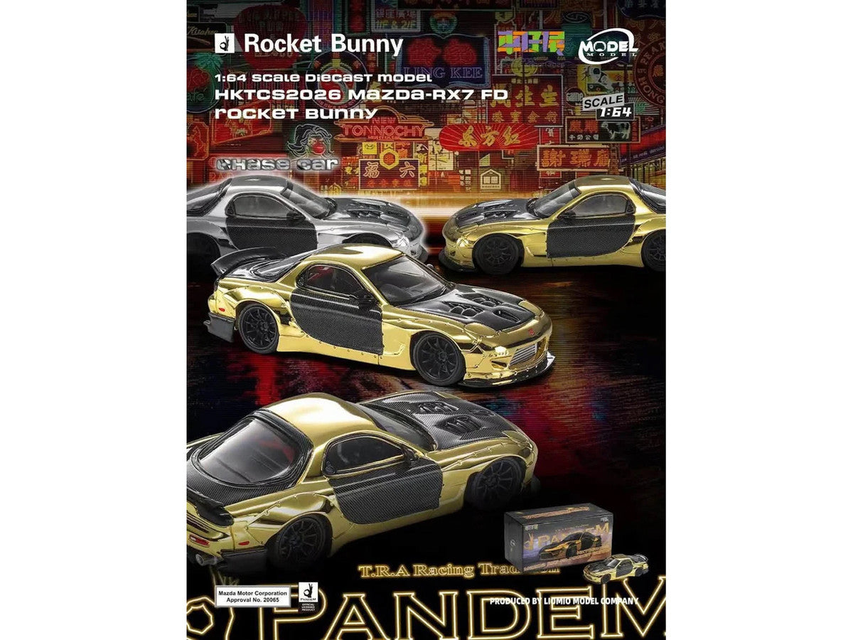 Mazda RX7 FD Rocket Bunny RHD (Right Hand Drive) Gold Metallic with Carbon Hood and Doors "Hong Kong Toycar Salon (HKTCS) 2026" 1/64 Diecast Model Car by Model Model