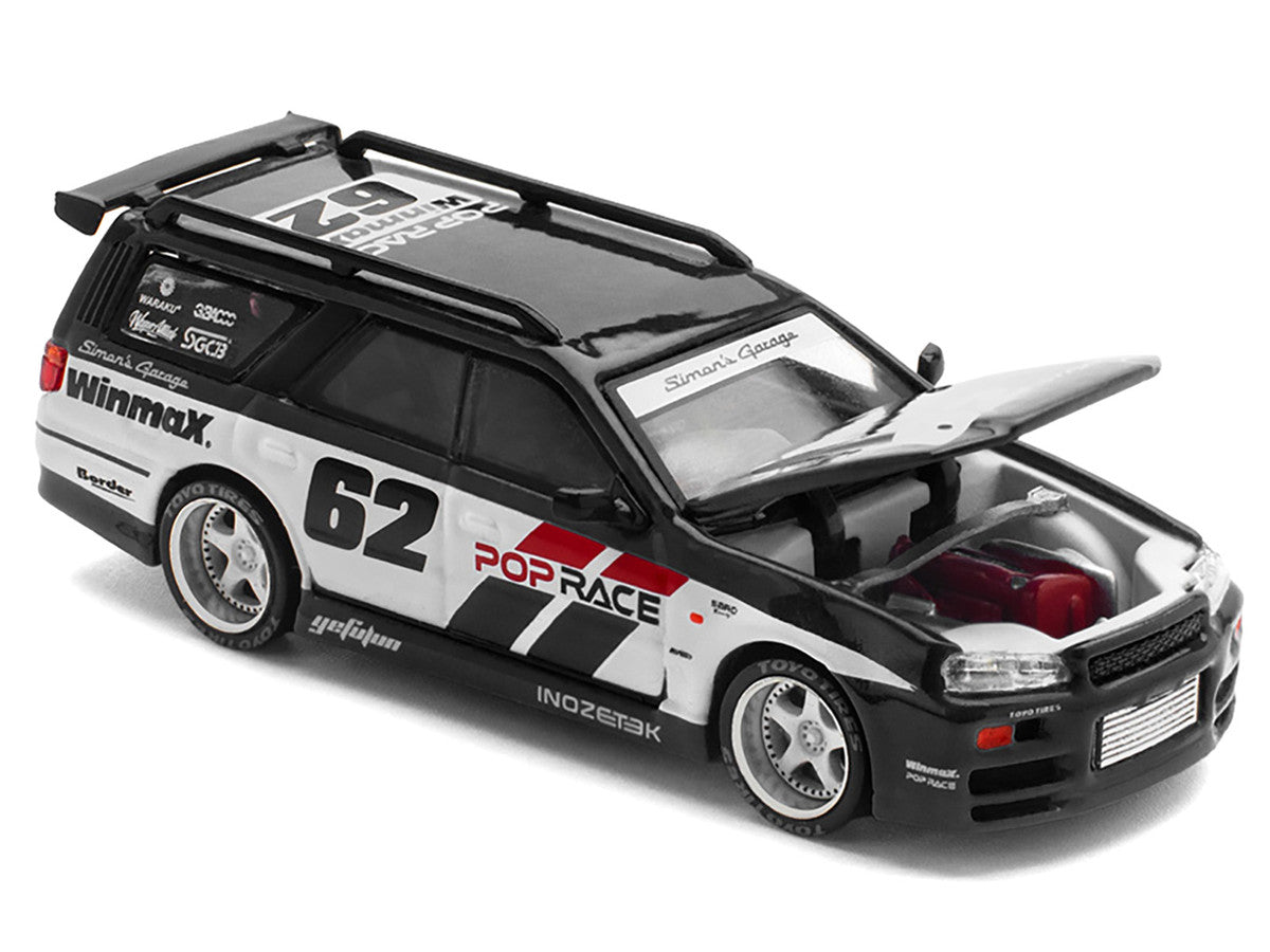 GT-R Stagea RHD (Right Hand Drive) #62 "Simon's Garage" Black with White Sides 1/64 Diecast Model Car by Pop Race