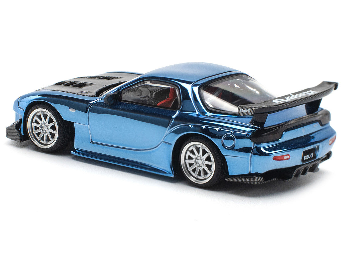 Mazda RX-7 RE-Amemiya Widebody RHD (Right Hand Drive) Blue Chrome with Carbon Hood 1/64 Diecast Model Car by Pop Race