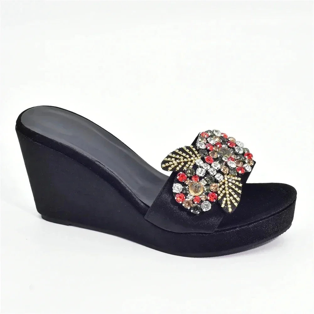 African Women Party Pumps Decorated with Rhinestone Shoes for Wedding Women Wedges Shoes for Women Platform Heels Nigerian Pumps