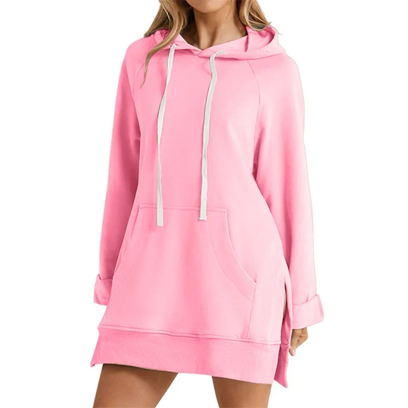 Women Hoodie Dress Slit Hem Drawstring Loose with Big Pocket Hooded Pullover Mid Length Top Commuting Dating Sport HoodieCYXX385