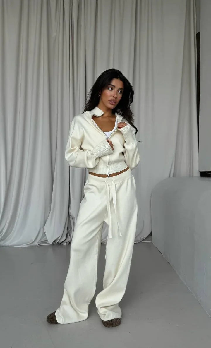 Women Cotton Knitted Cardigan Wide Leg Pants Suit Autumn and Winter Lady Fashion Loose Daily Office Jacket Straight Pants 2Pcs