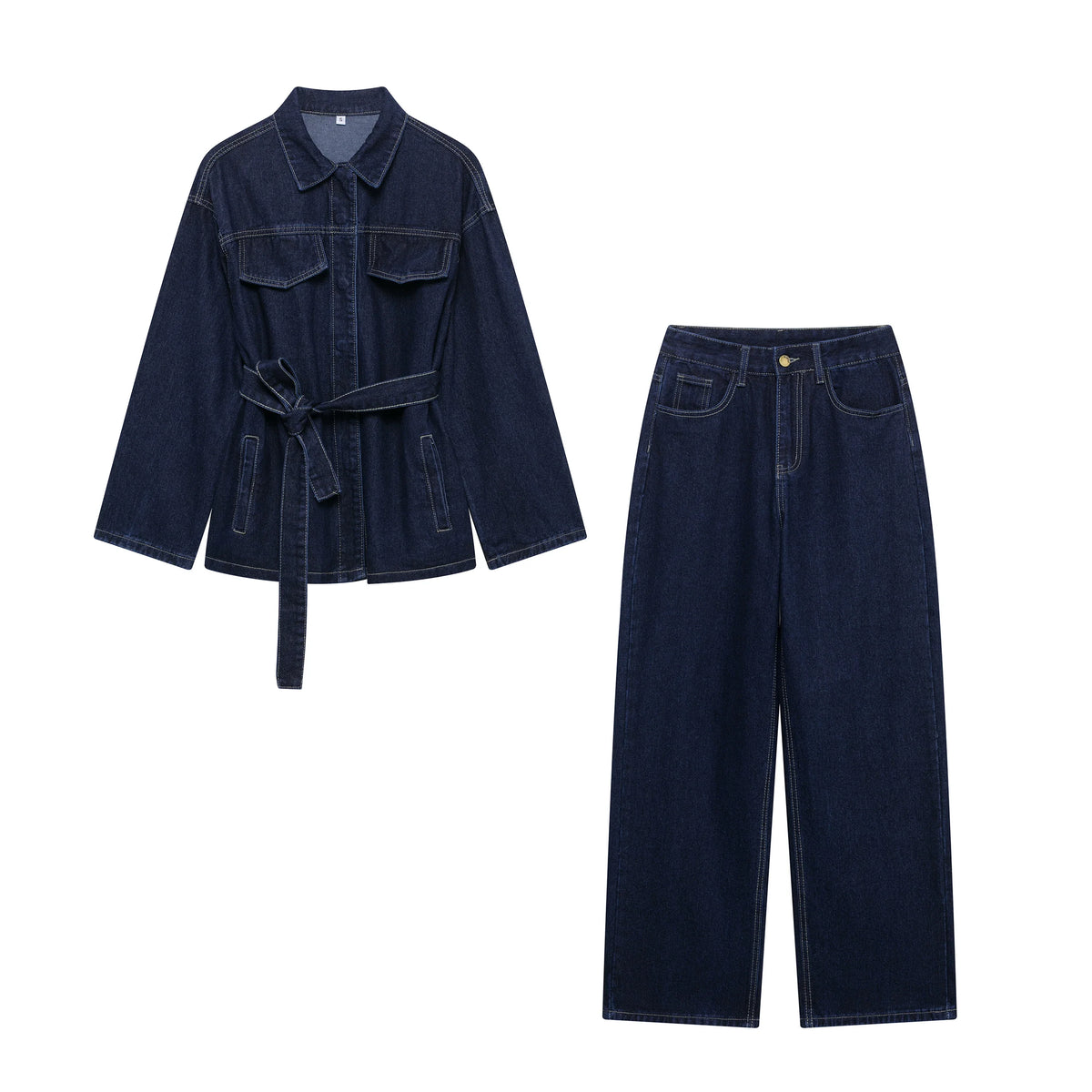 DUOPERI Women Fashion 2 Pieces Sets With Belt Denim Jackets & Vintage Front Zipper Jeans Trousers Feamle Chic Lady Pants Sets