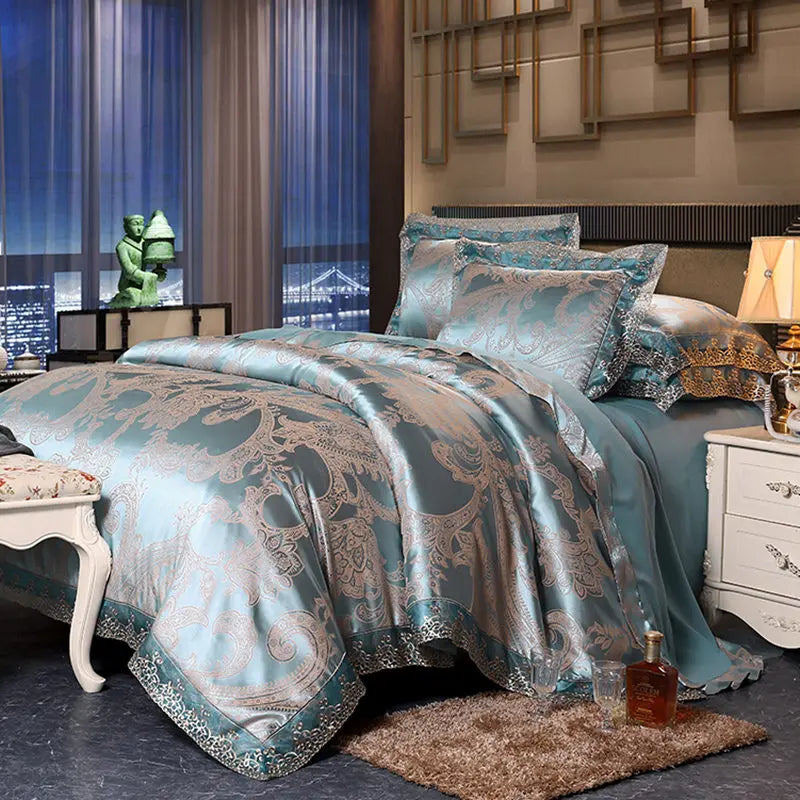 Luxury Jacquard Bedding Set Tencel Modal Duvet Cover 4PCS with Lace Satin Bed Sheet Pillowcases King and Queen Size Home Textile