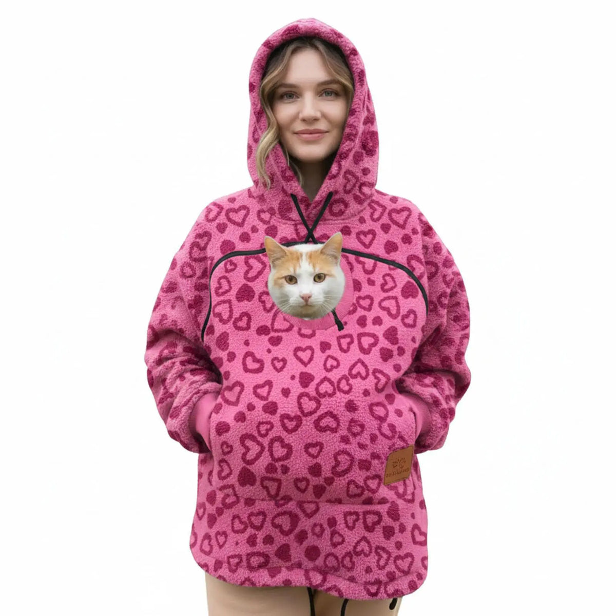 Ladies Winter Hooded Lamb Velvet Zipper Kangaroo Pocket Cat Dog Mommy Outwear Sweatshirt Comfortable Street Style Trendy Fashion
