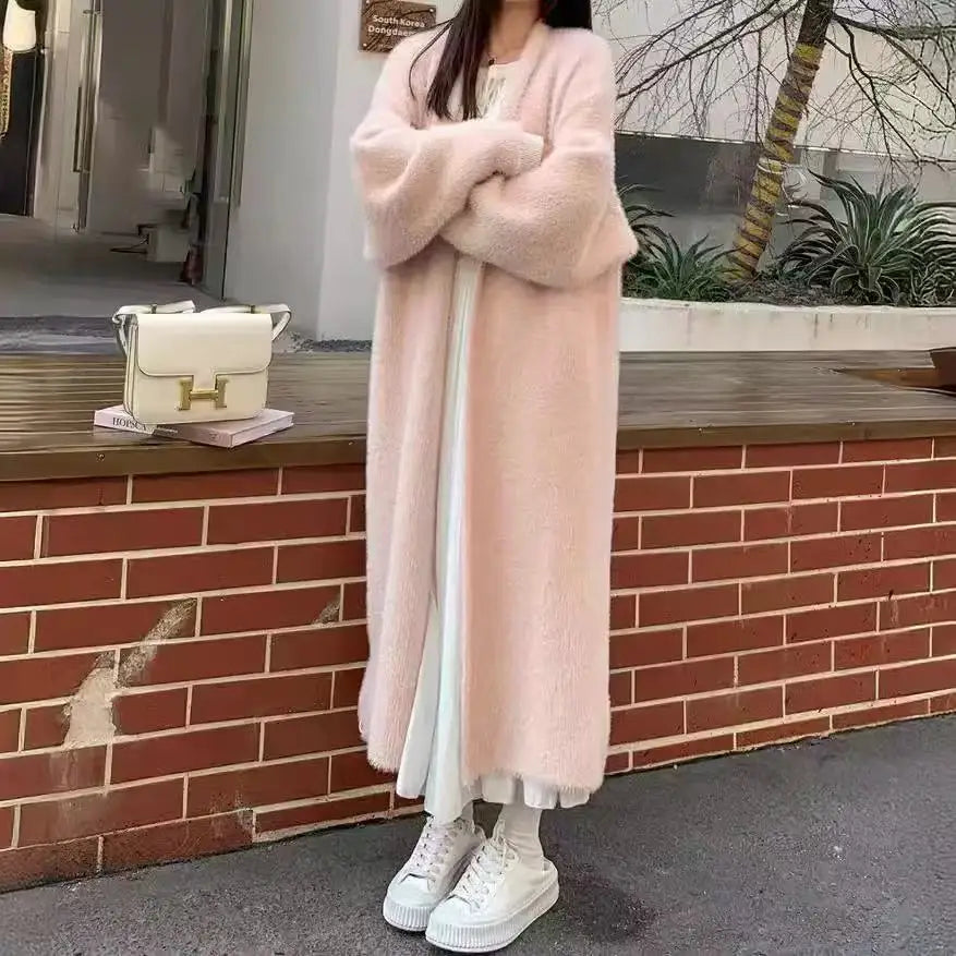 Autumn and winter loose and lazy style open knit coat, thick knee length imitation mink fur long sleeved sweater, warm jacket