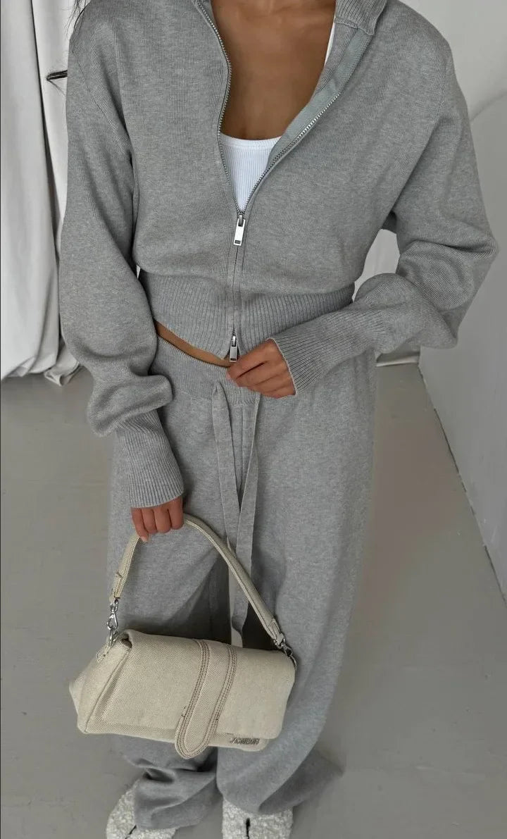Women Cotton Knitted Cardigan Wide Leg Pants Suit Autumn and Winter Lady Fashion Loose Daily Office Jacket Straight Pants 2Pcs