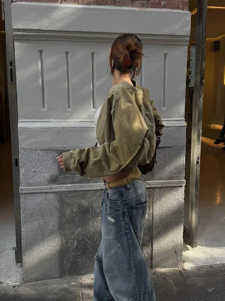 Fashion Short Bomber Jacket Women Casual Long Sleeve Round Neck Zipper Loose Cropped 2026 Jackets Lady Spring Street Outerwear