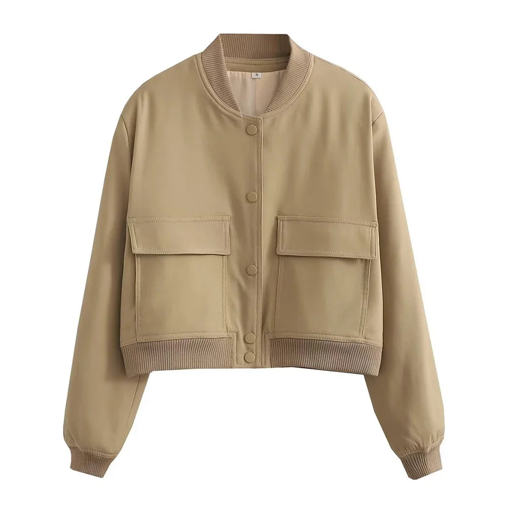 Women Fashion With Pockets Bomber Jacket Coats Vintage Long Sleeve Front Button Casual Female Outerwear Chic Tops