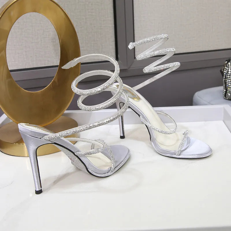 Fashion Summer Snake Twine Around Crystal Women Sandals Luxury Rhinestones Thin High heels Gladiator Sandals Party Prom Shoes