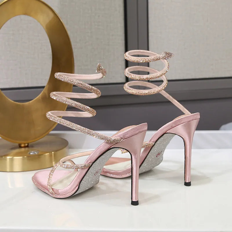 Fashion Summer Snake Twine Around Crystal Women Sandals Luxury Rhinestones Thin High heels Gladiator Sandals Party Prom Shoes