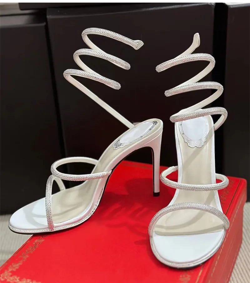 Fashion Summer Snake Twine Around Crystal Women Sandals Luxury Rhinestones Thin High heels Gladiator Sandals Party Prom Shoes