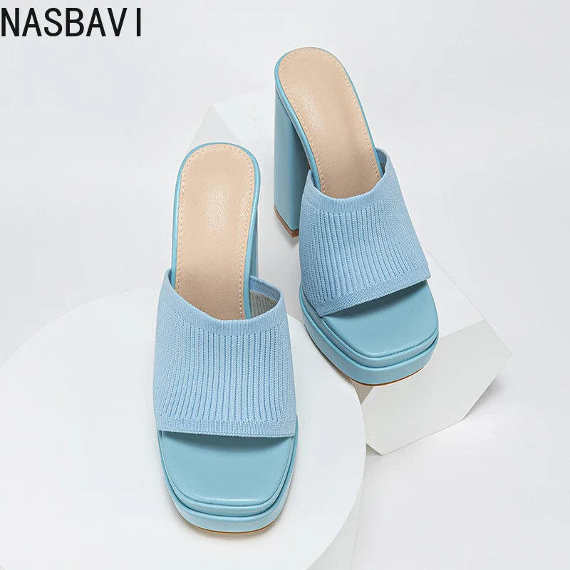 NASBAVI Cosy Stretch Fabric Knitted Chunky High Heels Women Slipper Fashion Platform Open Toe Wedding Party Ladies Shoes