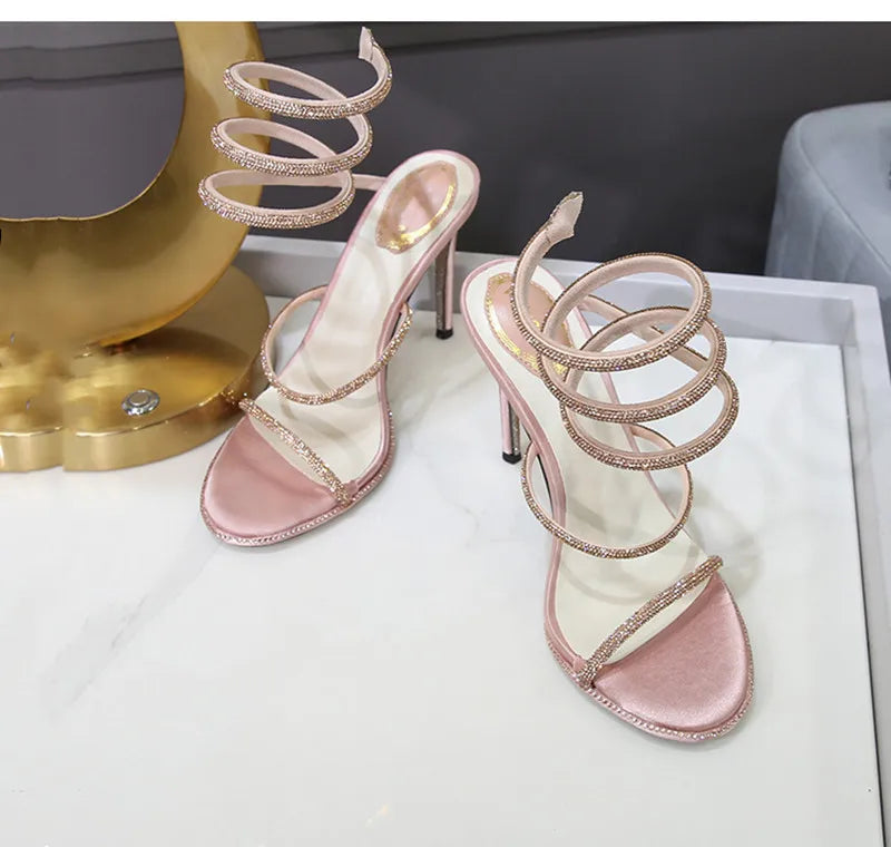 Fashion Summer Snake Twine Around Crystal Women Sandals Luxury Rhinestones Thin High heels Gladiator Sandals Party Prom Shoes