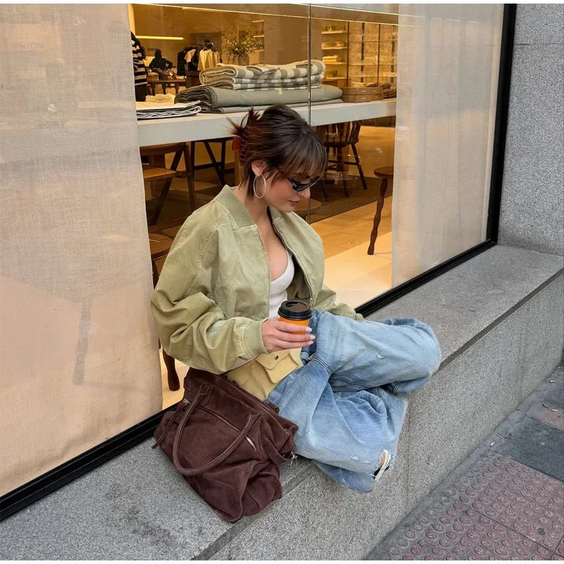 Fashion Short Bomber Jacket Women Casual Long Sleeve Round Neck Zipper Loose Cropped 2026 Jackets Lady Spring Street Outerwear