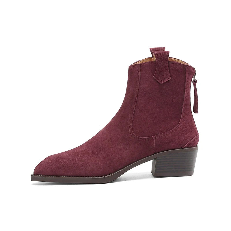 2025 Autumn Winter Trend Cow Suede Women Western Boots Black Brown Khaki Purple Green Burgundy Pointed Toe Ladies Ankle Boots