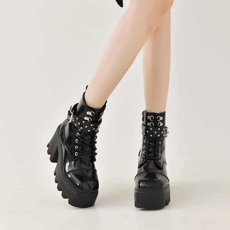 2024 Platform Thick Gothic Boots Lady Buckle Autumn Shoes Women Wedges Knee High Boots Punk Street Motorcycle Chain