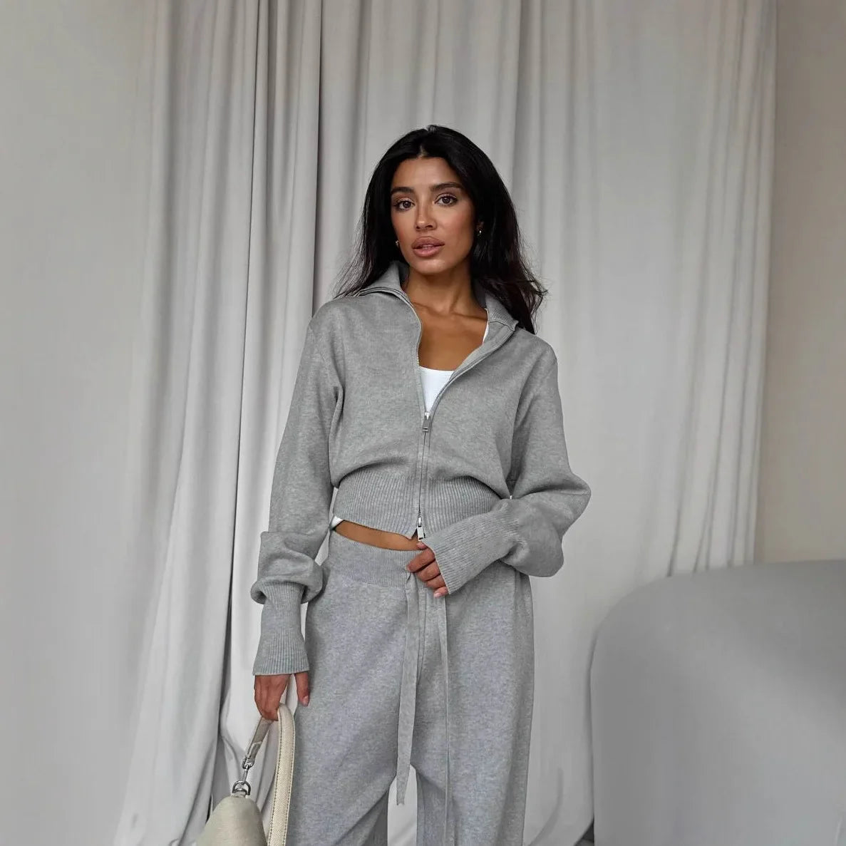 Women Cotton Knitted Cardigan Wide Leg Pants Suit Autumn and Winter Lady Fashion Loose Daily Office Jacket Straight Pants 2Pcs