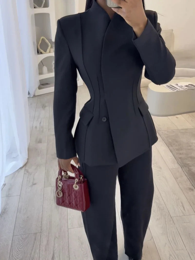 ETJ 2025 women's new fashion design three-dimensional cut high collar slim suit jacket & matching casual trousers