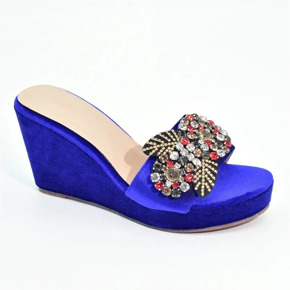 African Women Party Pumps Decorated with Rhinestone Shoes for Wedding Women Wedges Shoes for Women Platform Heels Nigerian Pumps