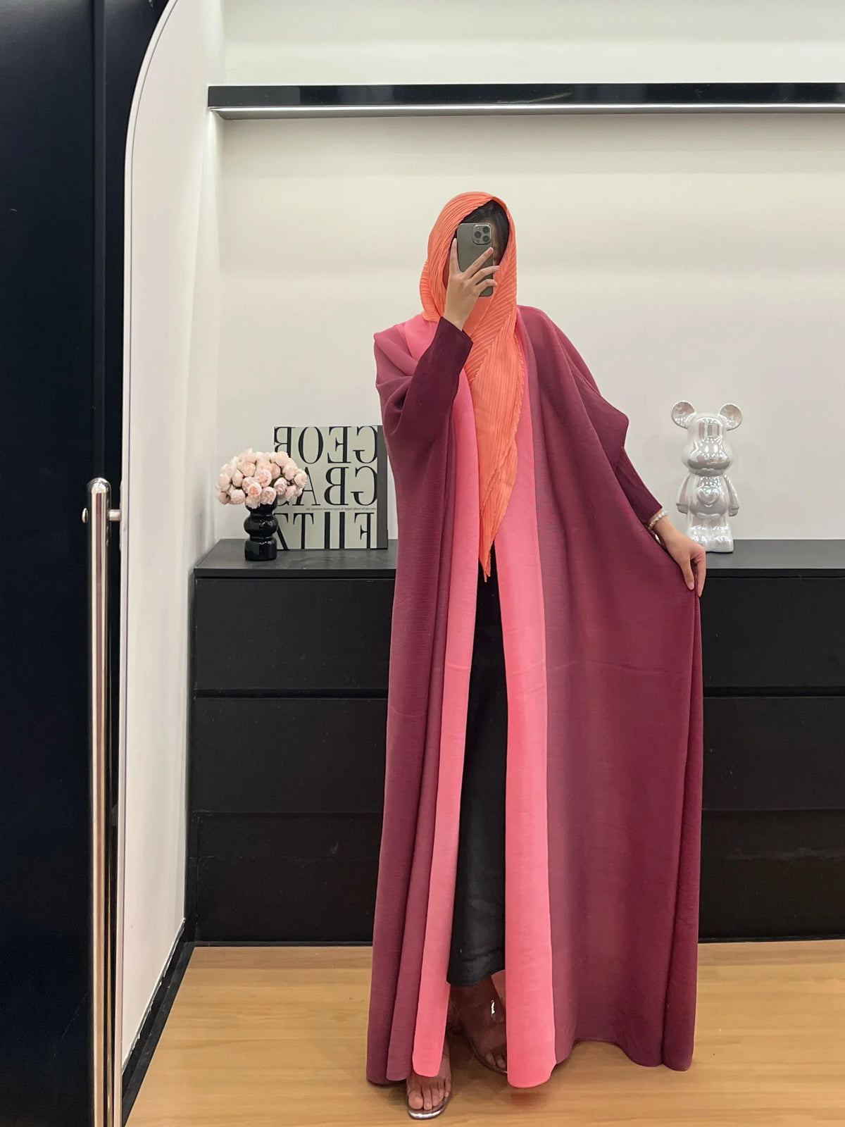 Wrinkled Women's Windbreaker Jacket Bat Sleeve Scarf Collar, Gradient Long Robe Fashion Retro Coats and Jackets Women