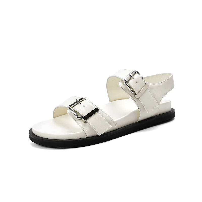 Summer Sandals Genuine Leather Yellow Footwear Flat Heeled Roman Style Women Sandals Gladiator Buckle Strap Shoes