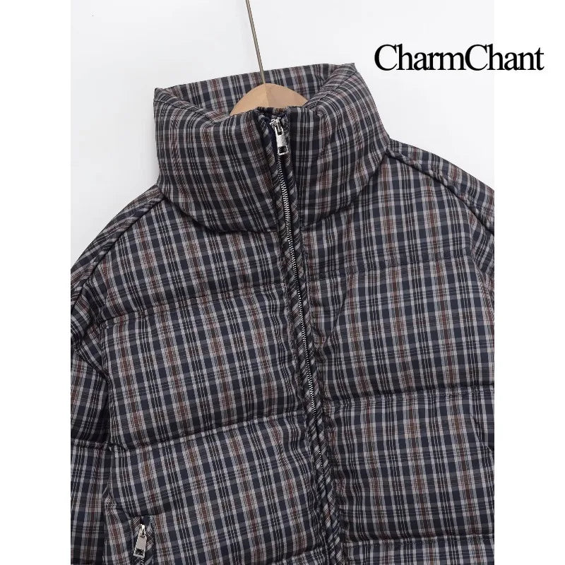 CharmChant Stand-Collar Plaid Puffer Jacket for Women Winter 2025 Padding Coat Female New in Coats Warm Check Outerwears Parkas