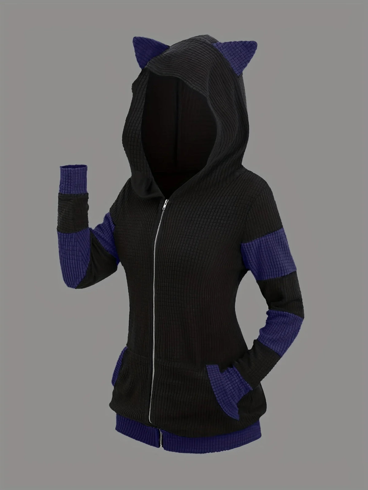 2024 European and American fashion women's new thick cat ears in autumn and winter long color matching hooded sweater coat
