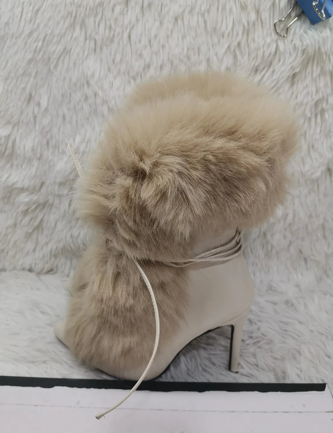 Pointed Toe Fur Mid Calf Boots Stiletto Heels Ankle Straps Fashion Warm Shoes In Winter Solid Plush Sexy Party Dress Shoes