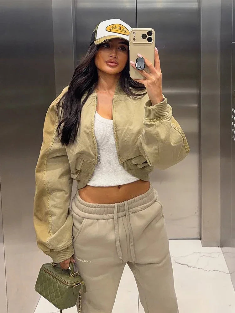 Fashion Short Bomber Jacket Women Casual Long Sleeve Round Neck Zipper Loose Cropped 2026 Jackets Lady Spring Street Outerwear