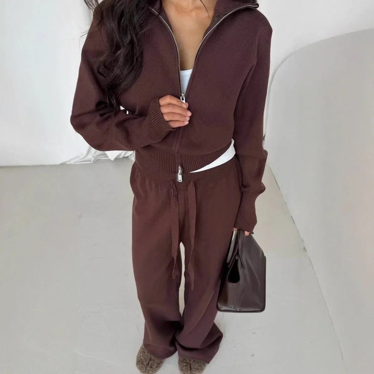 Women Cotton Knitted Cardigan Wide Leg Pants Suit Autumn and Winter Lady Fashion Loose Daily Office Jacket Straight Pants 2Pcs