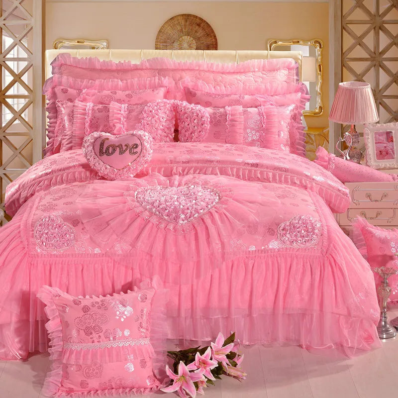 Luxury Wedding Bedding Sets Queen King Size Pink Princess Lace Bedcover Set Jacquard Duvet Cover Bed Sheet Pillowcases